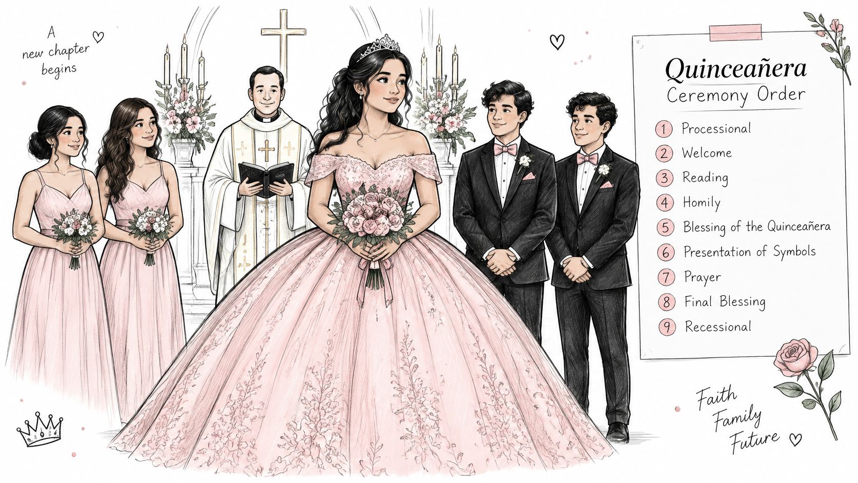 A beautiful illustration of a young girl in a pink Quinceañera gown standing with her court at church.