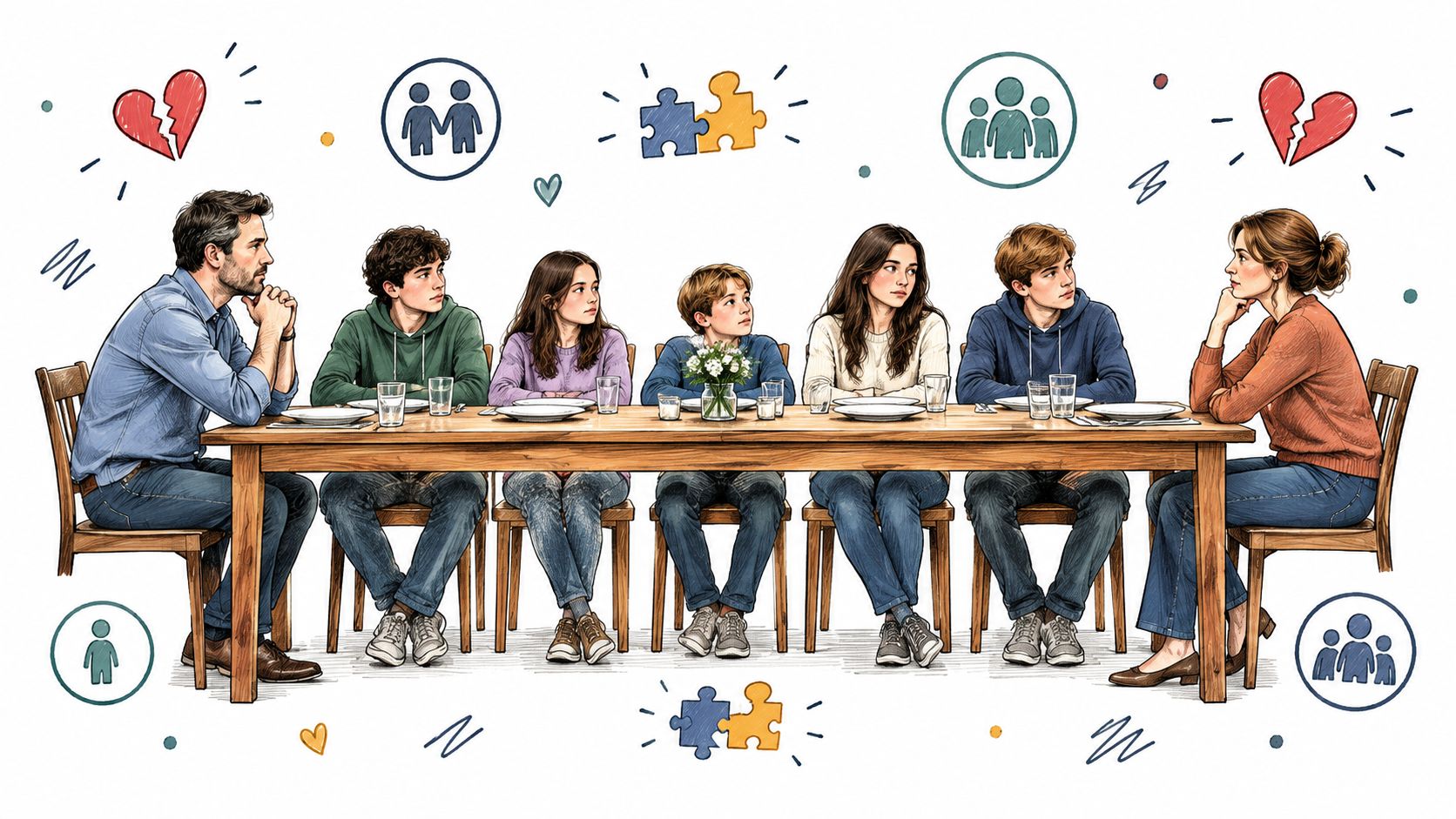 A family seated around a dinner table, reflecting on their relationship dynamics, with illustrated icons above them.