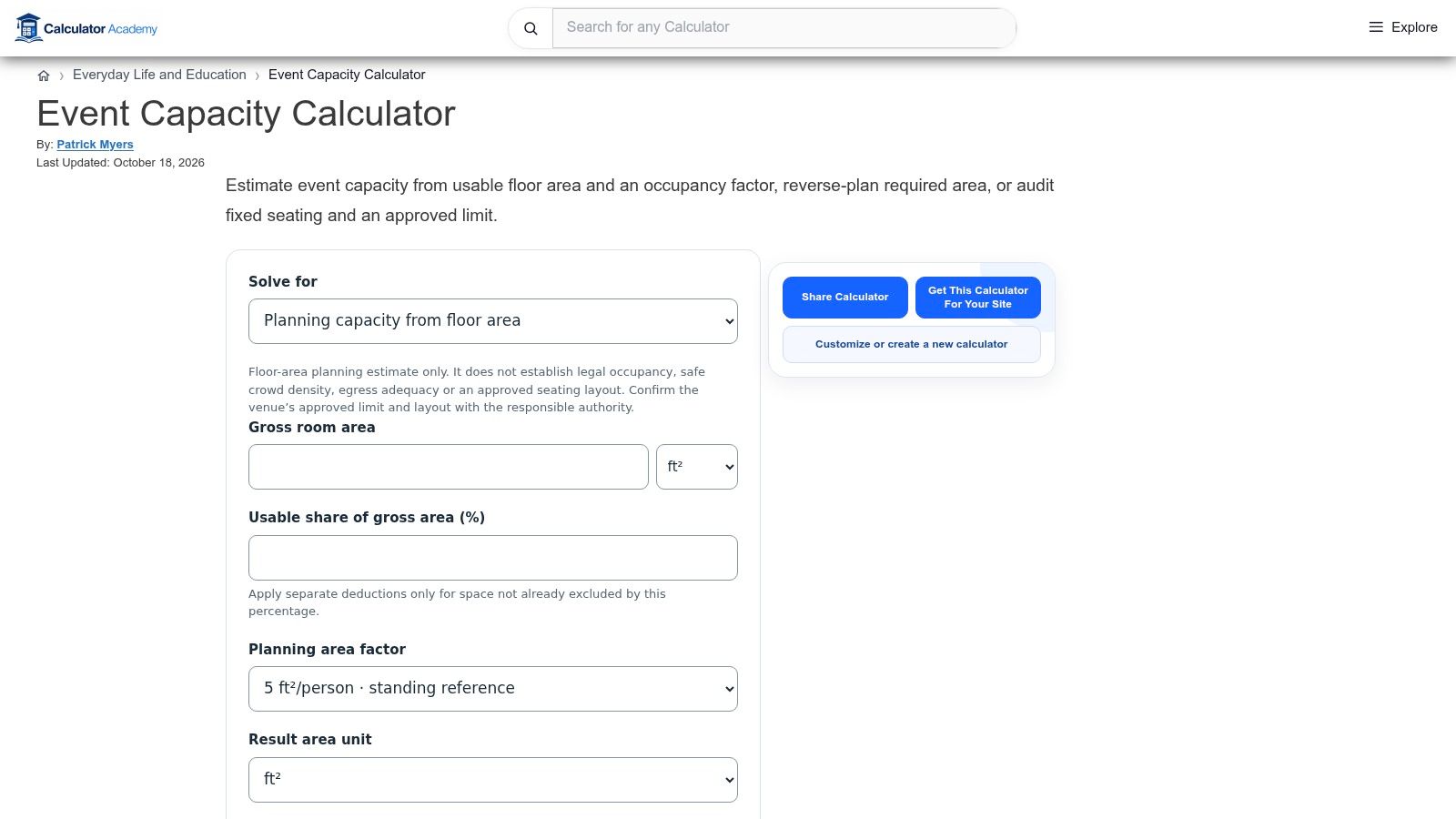 Calculator Academy event capacity calculator