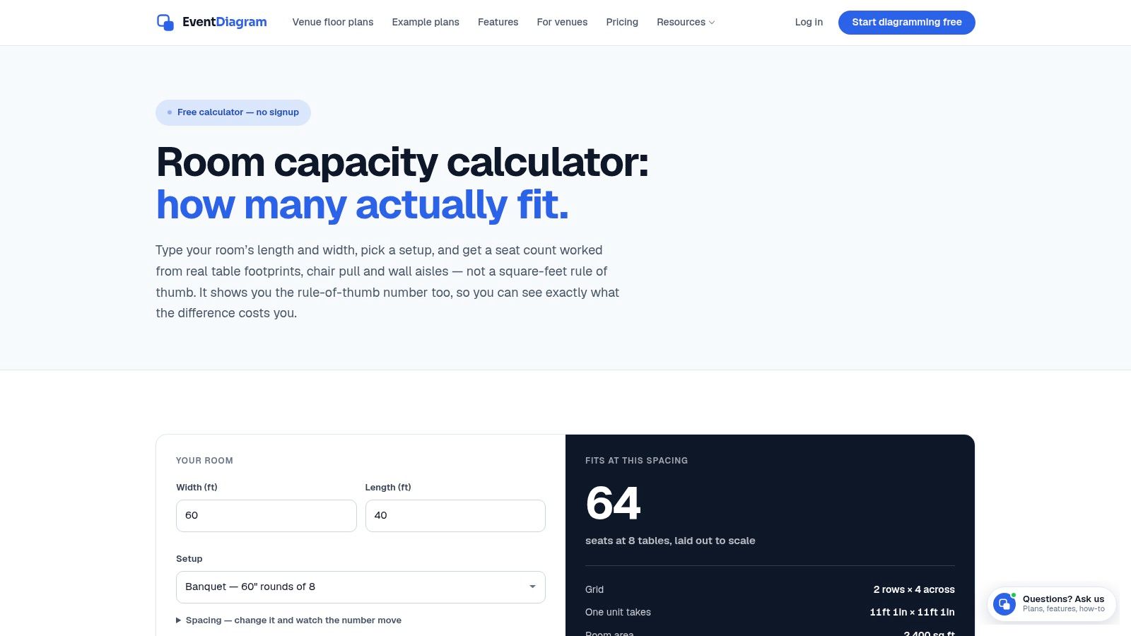 EventDiagram room capacity calculator
