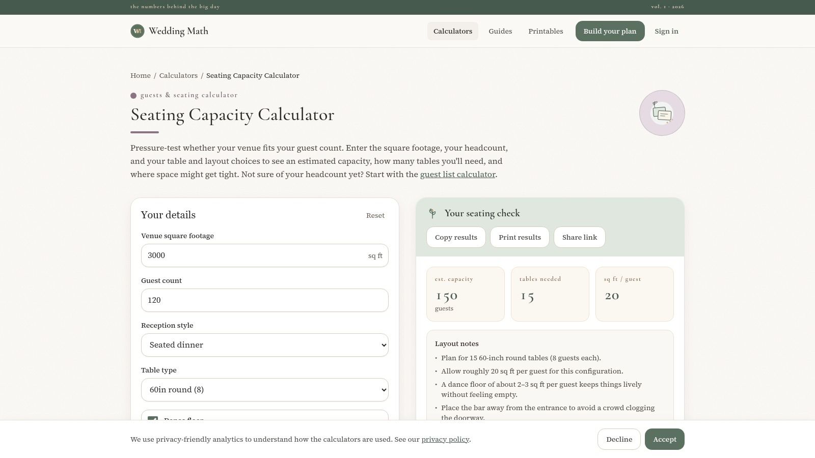 Wedding Math seating capacity calculator