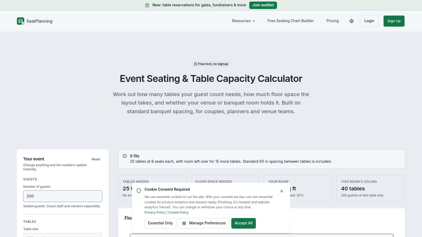 SeatPlanning event seating and table capacity calculator
