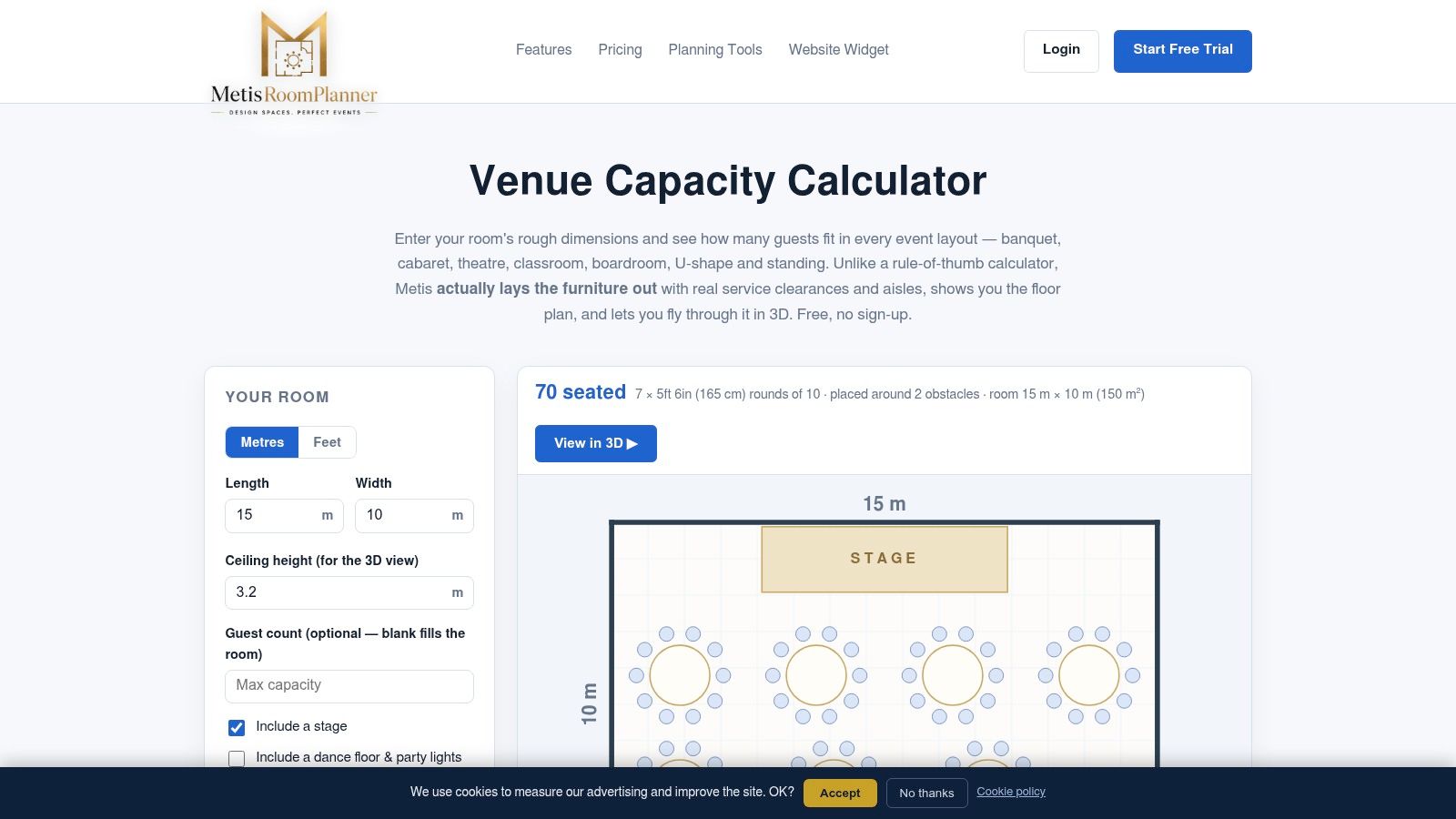 Metis Room Planner venue capacity calculator