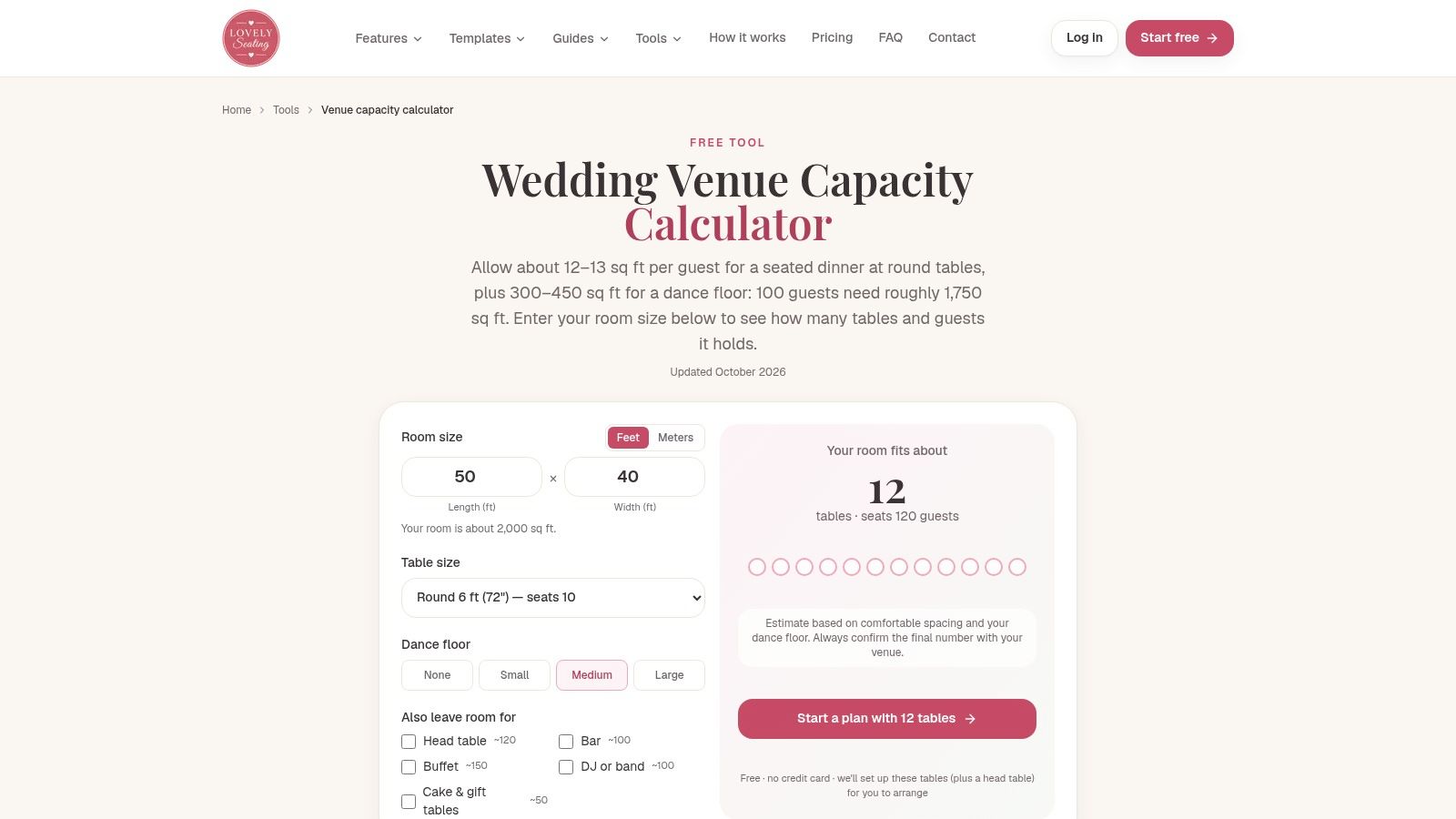 Lovely Seating wedding room capacity calculator