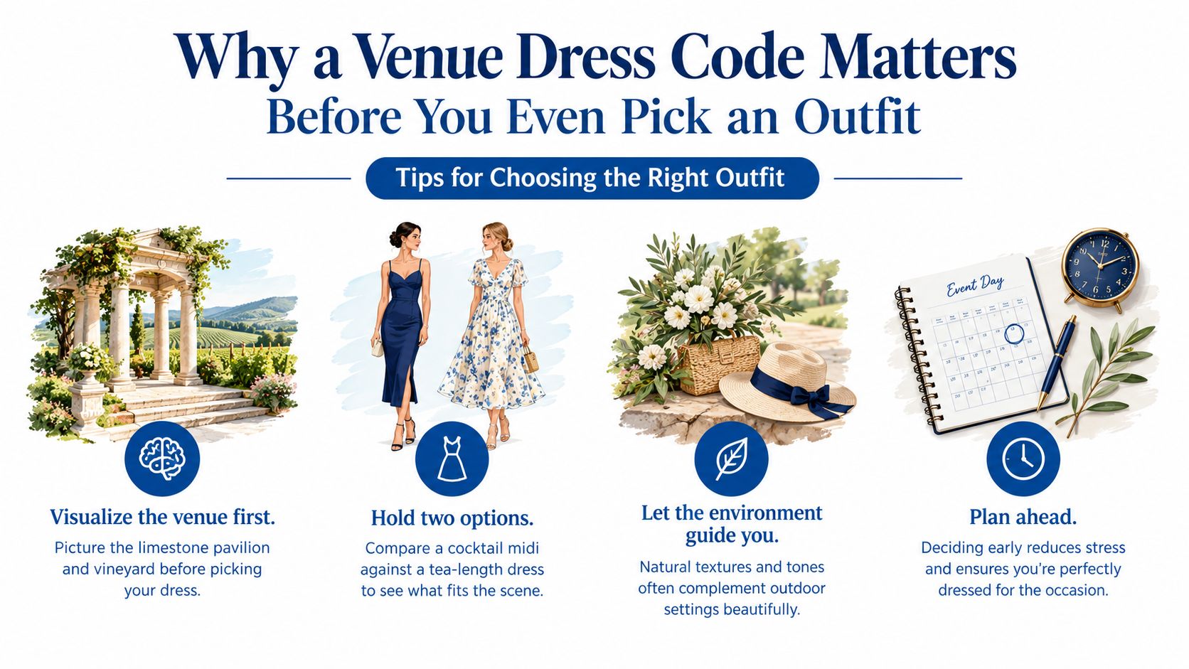 An infographic titled Why a Venue Dress Code Matters providing four tips for choosing appropriate event attire.