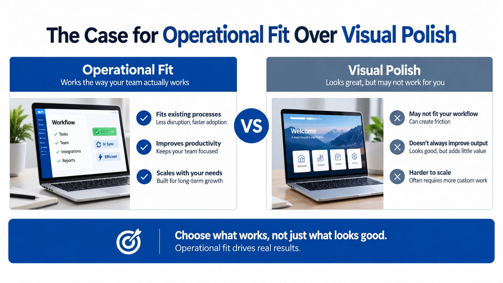 A comparison chart showing the benefits of operational fit over visual polish for business software.