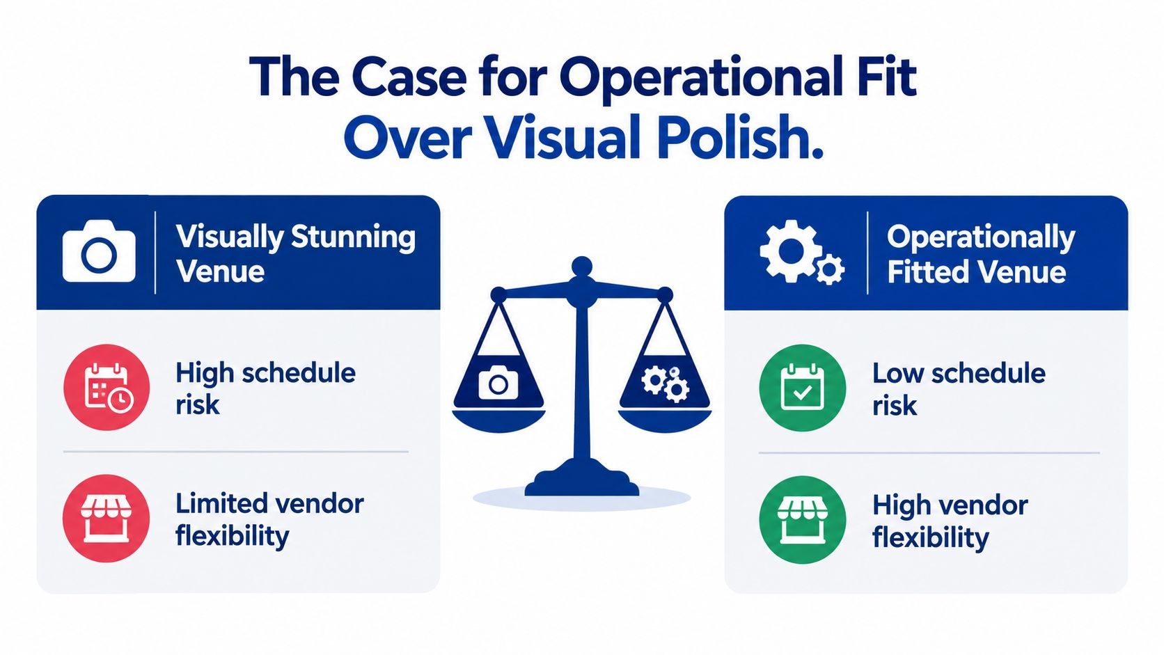 A comparison infographic showing how an operationally fitted venue is more effective than a visually stunning venue.