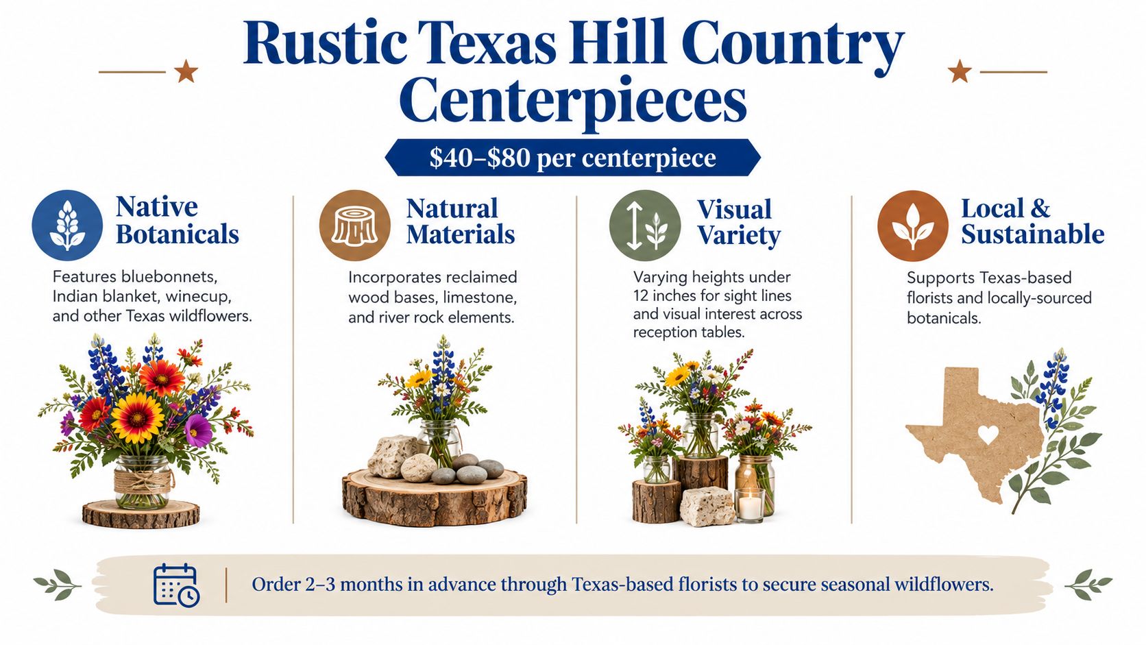Rustic Texas Hill Country wedding centerpieces featuring native wildflowers, reclaimed wood bases, and local sustainable florist services.