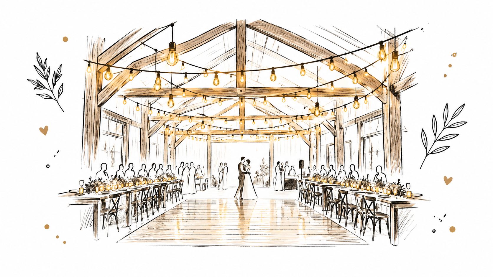 A beautiful sketch of a rustic barn wedding reception with warm string lights and a dancing couple.