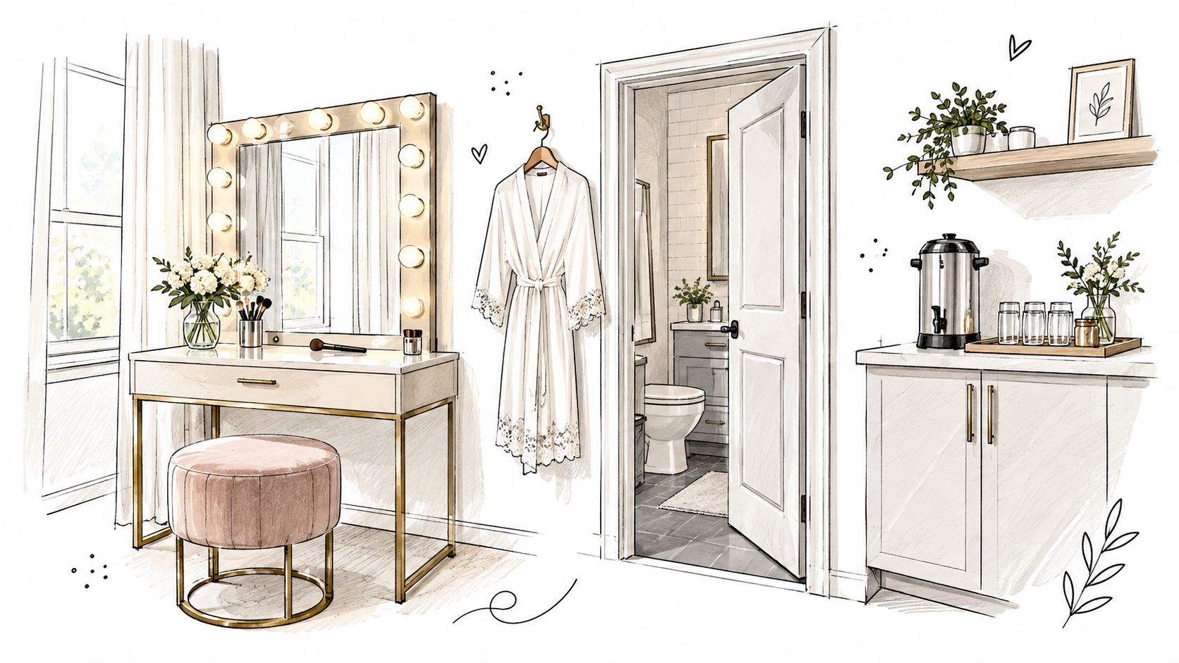 A luxurious bridal suite features a vanity, robe on a hook, and a refreshment station for wedding guests.