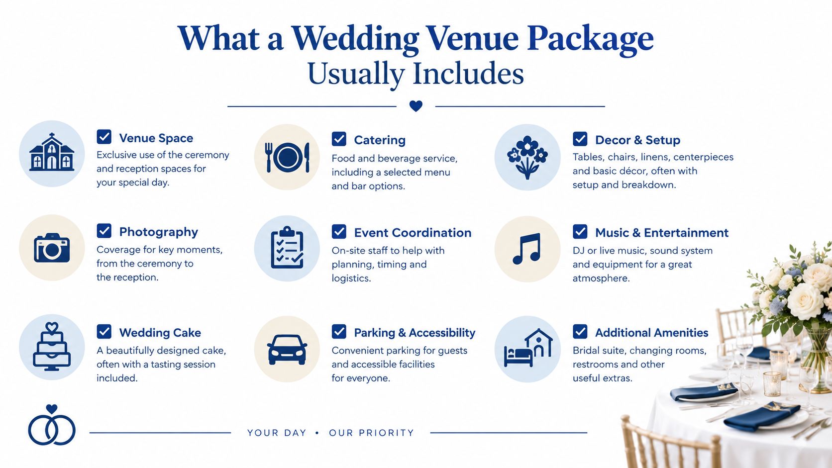 An infographic detailing common services included in wedding venue packages, such as catering, photography, and decor.